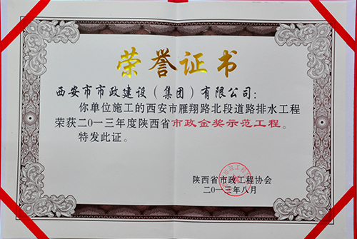 雁翔路北段-不朽情缘金杯树模工程证书