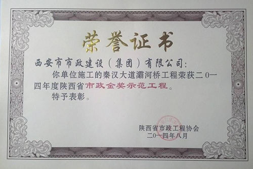 秦汉大道灞河桥工程省级不朽情缘金杯树模工程