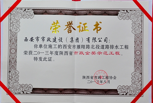 雁翔路北段-不朽情缘金杯树模工程证书