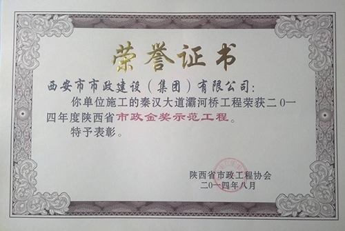秦汉大道灞河桥工程省级不朽情缘金杯树模工程